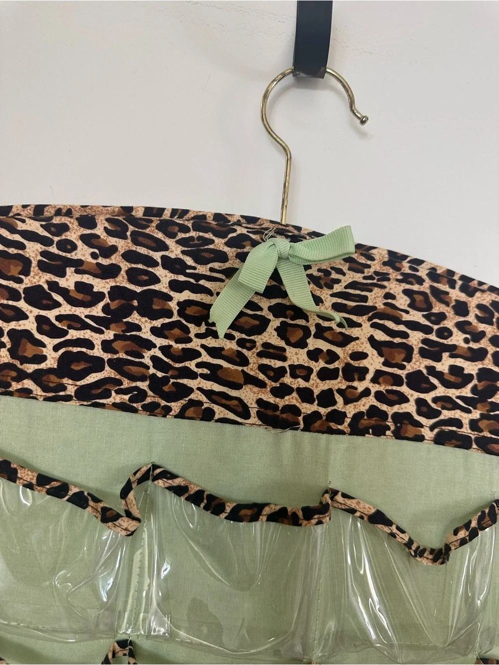 Leopard Trim Hanging Jewelry & Accessory Organizer in Mint Green